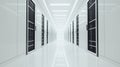 A sleek, modern data center corridor with rows of black server racks lining both sides