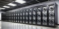 Sleek modern data center with rows of high-performance servers featuring multiple cooling fans for optimal system performance. Royalty Free Stock Photo