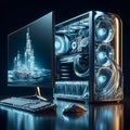 A sleek, modern desktop computer setup is displayed in a dimly lit environment. Royalty Free Stock Photo
