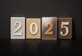 modern 2025 minimalist artwork. digital number design with textured blocks. futuristic numeric composition with materials.