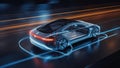 Sleek, modern electric vehicle undergoing a high-tech charging process with dynamic light effects Royalty Free Stock Photo