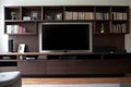 a sleek and modern entertainment center with hidden storage for movies, games, and more