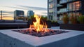 The sleek and modern fire pit serves as the centerpiece of this urban rooftop oasis. 2d flat cartoon