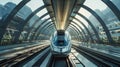 A sleek, modern high-speed train gliding through a futuristic station