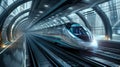 A sleek, modern high-speed train gliding through a futuristic station