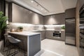 a sleek and modern kitchen, with fancy appliances and sleek countertops, in a newly renovated apartment