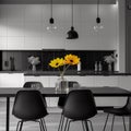 Modern Kitchen Design with Vibrant Yellow Flowers in a Chic Monochrome Setting