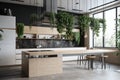 a sleek and modern kitchen with a variety of greenery, including bonsai trees and hanging plants