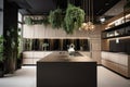 a sleek and modern kitchen with a variety of greenery, including bonsai trees and hanging plants