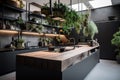 a sleek and modern kitchen with a variety of greenery, including bonsai trees and hanging plants