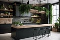 a sleek and modern kitchen with a variety of greenery, including bonsai trees and hanging plants