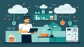 A sleek modern kitchen with a virtual assistant powered by the binary code clouds dispensing recipe recommendations