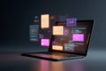 sleek modern laptop displaying vibrant floating data visualizations and graphs, showcasing technology and innovation in digital Royalty Free Stock Photo