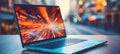 Sleek modern laptop resting on desk with vibrant bokeh background and abstract shapes