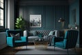 Sleek and Modern Living Room with Blue Sofa and Gray Armchairs - Generative AI Royalty Free Stock Photo