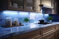 Sleek modern luxury kitchen illuminated with stylish white LED lighting Royalty Free Stock Photo