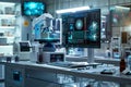 A sleek, modern medical laboratory featuring a high-tech scanner analyzing patient data on a large screen. Generative AI Royalty Free Stock Photo
