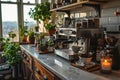 Sleek and modern minimalist home coffee bar setup, featuring a clean-lined espresso machine, a simple grinder, and a few elegantly