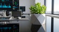 A sleek, modern office desk features a computer setup with dual monitors Royalty Free Stock Photo