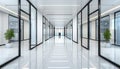 Sleek modern office interior featuring glass partition and elegant white flooring