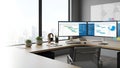 Modern Office Workspace with Dual Monitors and City View Royalty Free Stock Photo