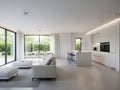 Modern open plan living space with white interior and kitchen Royalty Free Stock Photo
