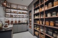 a sleek and modern pantry with glass jar storage, steel bins, and copper accents