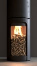 Sleek modern pellet stove emitting flames, ideal for home heating