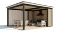 Sleek Modern Pergola with Integrated Outdoor Kitchen and Dining Area, 3D Render Isolated on White Royalty Free Stock Photo