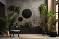 Sleek modern podium display featuring geometric stone and rock shapes in black, dark, and gray tones