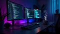Modern Programmer\'s Desk with Code on Monitors, Coffee, and RGB Lighting in a Dark Workspace Royalty Free Stock Photo