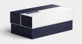 Modern Dark Blue and White Rectangular Gift Box with Silver Trim on Gray Background packaging Royalty Free Stock Photo