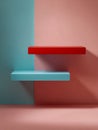 Minimalist geometric composition featuring two floating rectangular shelves against a split pastel pink and blue background with Royalty Free Stock Photo
