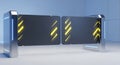 Futuristic Sci-Fi Security Gate with Glowing Yellow Warning Stripes and Blue LED Illumination Royalty Free Stock Photo