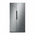 Modern Stainless Steel Side-by- Side Refrigerator with Dark Handle and Control Panel on White Background Royalty Free Stock Photo