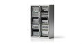 A tall silver server rack with multiple rows of servers and switches arranged vertically in a modern data center infrastructure Royalty Free Stock Photo