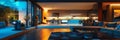 A sleek, modern smart home interior featuring AI-driven devices, automated lighting, and smart security systems. The