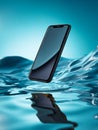 A sleek, modern smartphone floating on a wave of water against a vibrant blue background Royalty Free Stock Photo