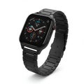 A sleek, modern smartwatch featuring a black metallic band and a rectangular face.