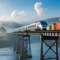 A sleek, modern train crosses an elevated bridge adorned with container boxes, traversing a river below. Royalty Free Stock Photo