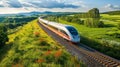 A sleek modern train zooms through a picturesque countryside its engines humming contently as it travels on tracks made