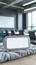 Modern Virtual Reality Headset on Office Desk in Corporate Meeting Room with Large Window and Projector Screen Workplace Royalty Free Stock Photo