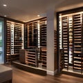 A sleek and modern wine cellar with glass walls, climate-controlled racks, and tasting area2