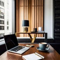 Sleek Modern Workspace with Laptop, Coffee Cup, and Office Supplies