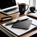 Sleek Modern Workspace with Laptop, Coffee Cup, and Office Supplies