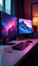 Sleek modern workstation multiple monitors keyboards keyboard workspace electronics