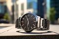 A sleek modern wristwatch positioned against an urban backdrop, capturing reflections of city life