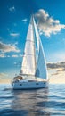 A sleek and modern yacht sailing on the open sea, surrounded by crystal clear water and stunning v