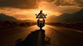 a sleek motorbike cruising down an empty, sunlit highway. The rider leans forward, fully immersed in the thrill of their