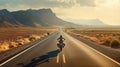 a sleek motorbike cruising down an empty, sunlit highway. The rider leans forward, fully immersed in the thrill of their